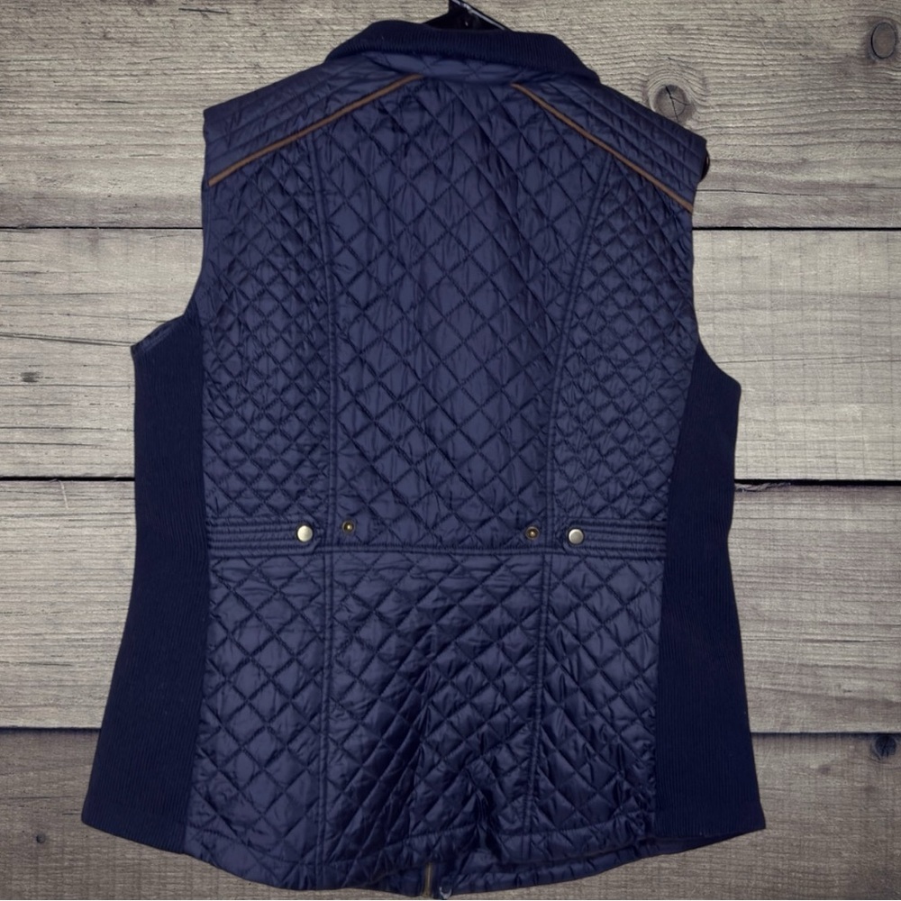 🌺JOHNSTON & MURPHY NAVY QUILTED BROWN PIPING TRIM GOLD TONE HARDWARE VEST - Picture 4 of 7